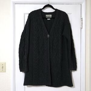 Vintage Aran Crafts Merino Wool Dark Gray Chunky Cable Knit Cardigan Sweater L